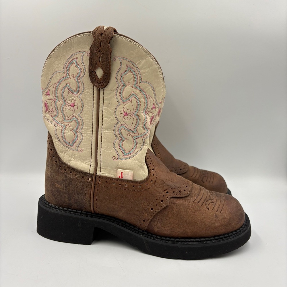 Justin Gypsy Cowboy Boots Kids 7B Brown Cream Pink Embroidered Good Western